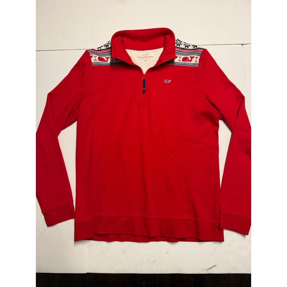 Vineyard Vines Womens Red Fair Isle Whale Quarter Zip Pullover Sweater M 2K6019